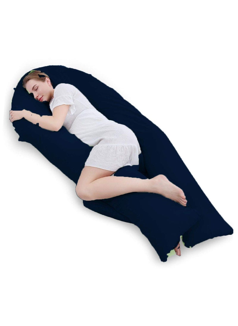 Jaipur Linen Long U Shaped Pregnancy PillowBody PillowLumbar PillowMaternity Pillow with Cotton Zippered CoverDark Blue
