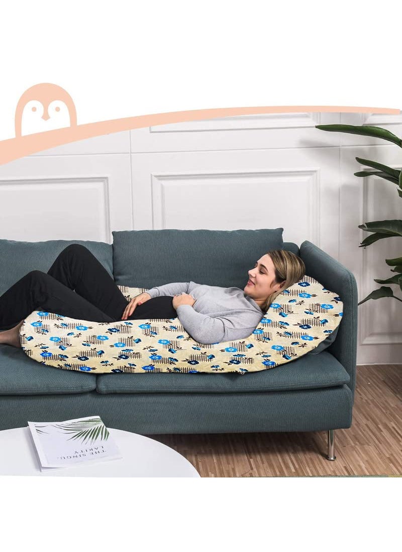 Moms Moon 55 J Shaped Full Support Side Sleeper PregnancyMaternity Pillow for Pregnant Women Sleeping with Removable Sea Blue Flower Print Velvet Cover