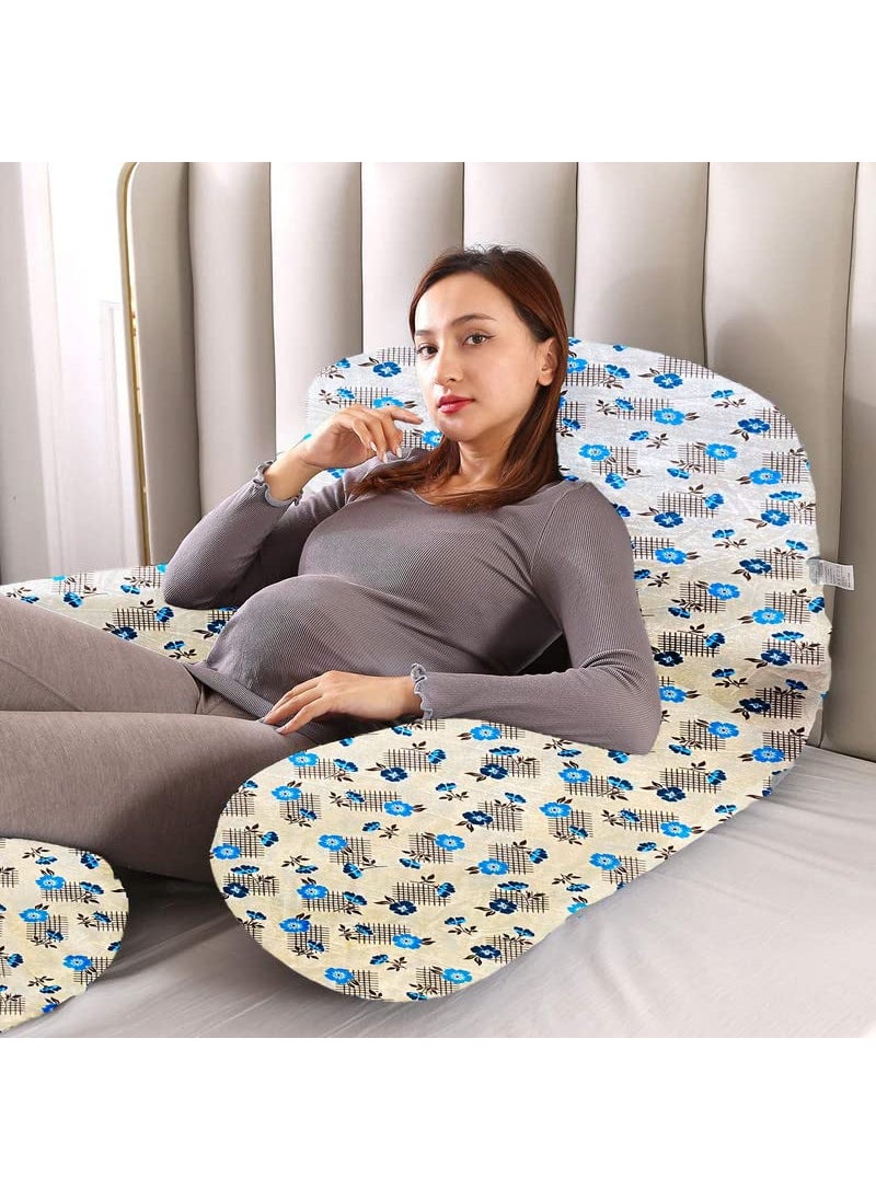 Moms Moon 55 J Shaped Full Support Side Sleeper PregnancyMaternity Pillow for Pregnant Women Sleeping with Removable Sea Blue Flower Print Velvet Cover