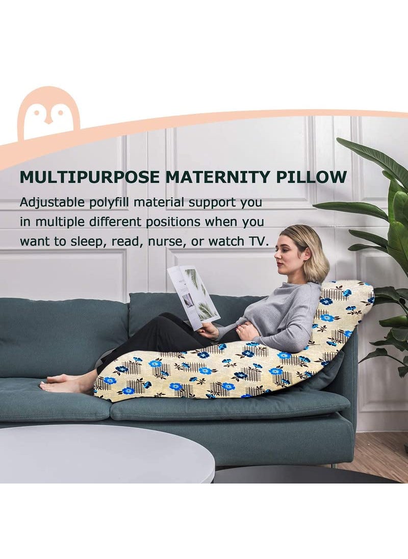 Moms Moon 55 J Shaped Full Support Side Sleeper PregnancyMaternity Pillow for Pregnant Women Sleeping with Removable Sea Blue Flower Print Velvet Cover