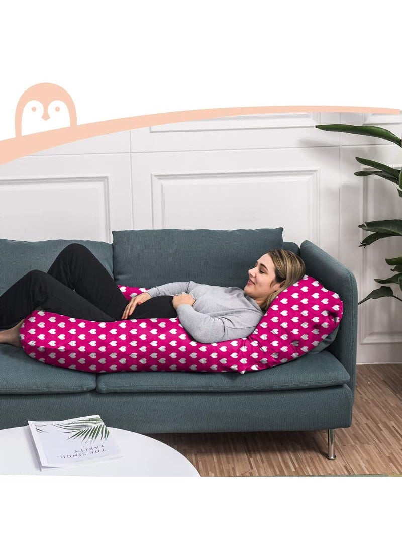 Moms Moon Ultimate Comfort JShaped Pregnancy Pillow ll Maternity Pillow for Pregnant Women with Washable Heart Print Velvet Rani Pink
