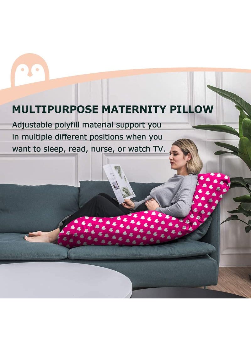 Moms Moon Ultimate Comfort JShaped Pregnancy Pillow ll Maternity Pillow for Pregnant Women with Washable Heart Print Velvet Rani Pink