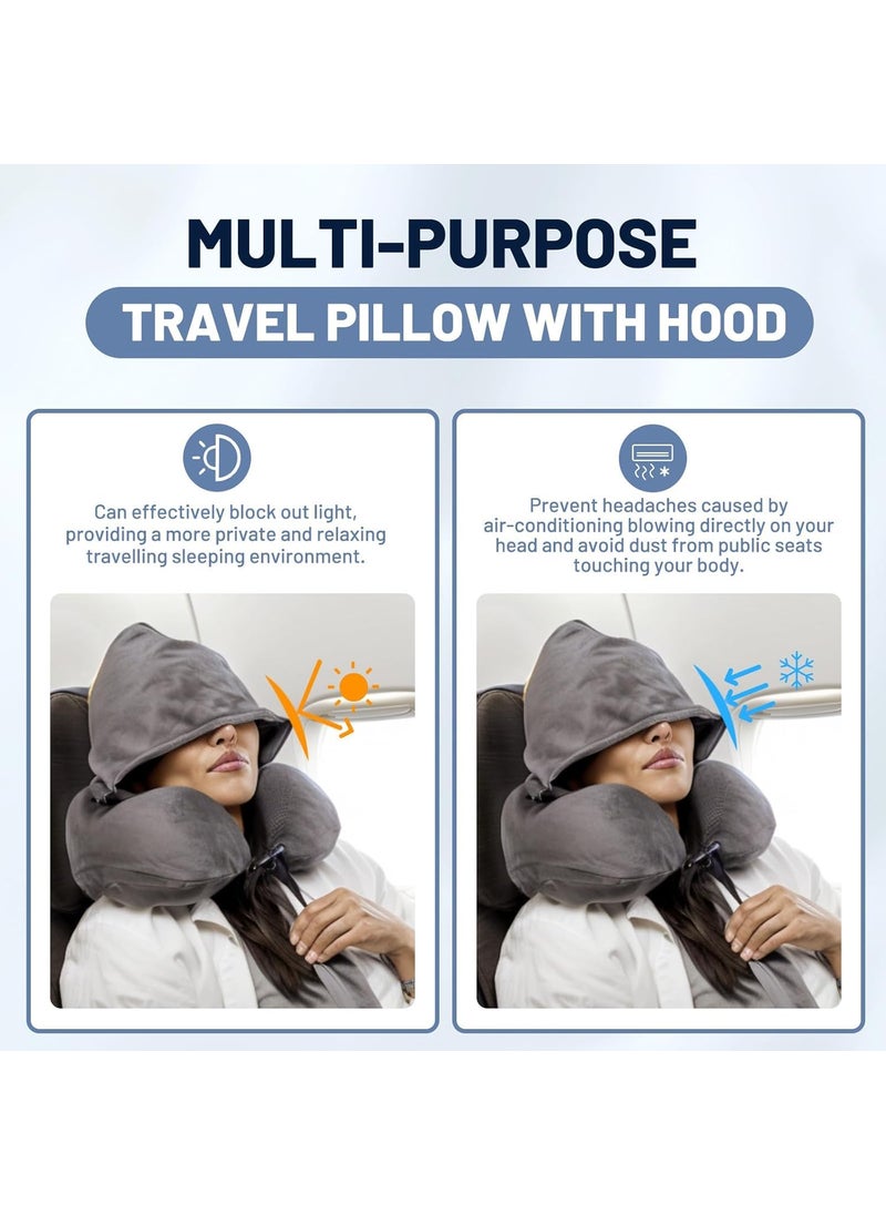 Jumix Travel Pillow Neck Pillow for Travel with Hood for Airplane Velvet Memory Foam Neck Pillow Adult Head Neck Support for Long Flights Plane Office Cars Sleeping Rest Grey