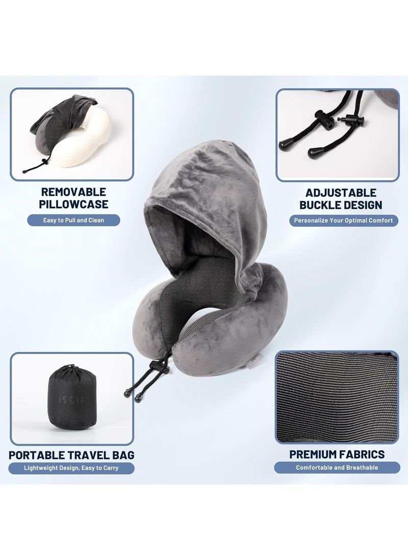 Jumix Travel Pillow Neck Pillow for Travel with Hood for Airplane Velvet Memory Foam Neck Pillow Adult Head Neck Support for Long Flights Plane Office Cars Sleeping Rest Grey