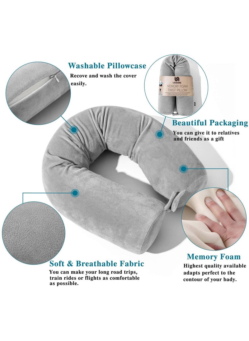 GOPAD Twist Memory Foam Neck Pillow for Neck Chin Lumbar and Leg Support for Adults on Airplanes Traveling Bus Soft Smooth Velvet Material Bendable Adjustable 1 PcsGrey