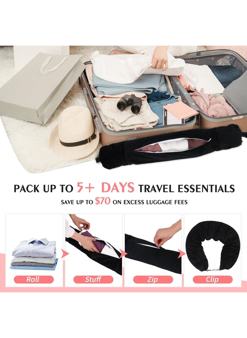 NK HealthCare Stuffable Travel Pillow Stuffable Neck Pillow for Travel Travel Neck Pillow Stuffed with Clothes Storage No Extra Baggage Fees Fits 5 Days of Travel Essentials No Filler Black