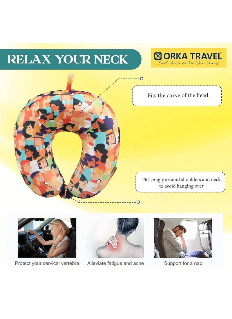 ORKA TRAVEL Memory Foam Spandex Digital Printed High Back U Neck Pillow People Theme