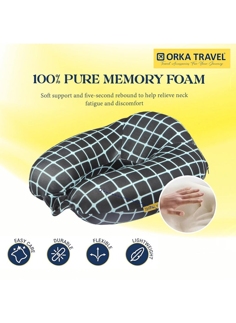 ORKA TRAVEL Memory Foam Spandex Digital Printed High Back U Neck Pillow Black Teal
