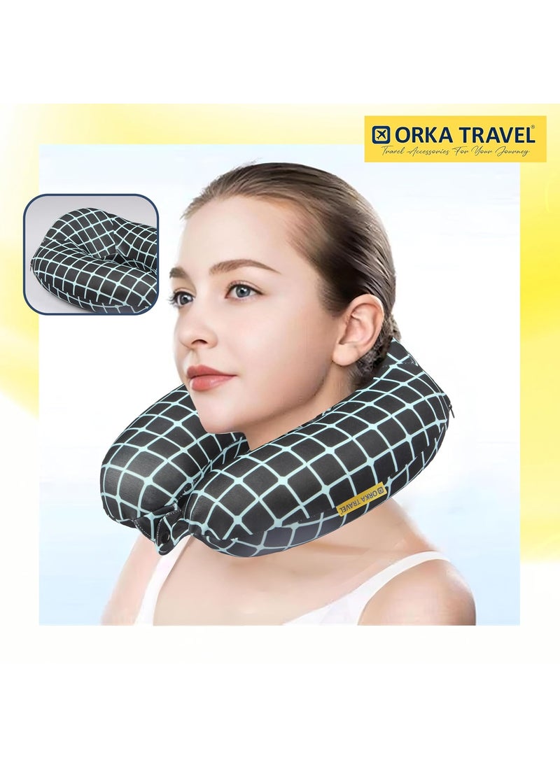 ORKA TRAVEL Memory Foam Spandex Digital Printed High Back U Neck Pillow Black Teal
