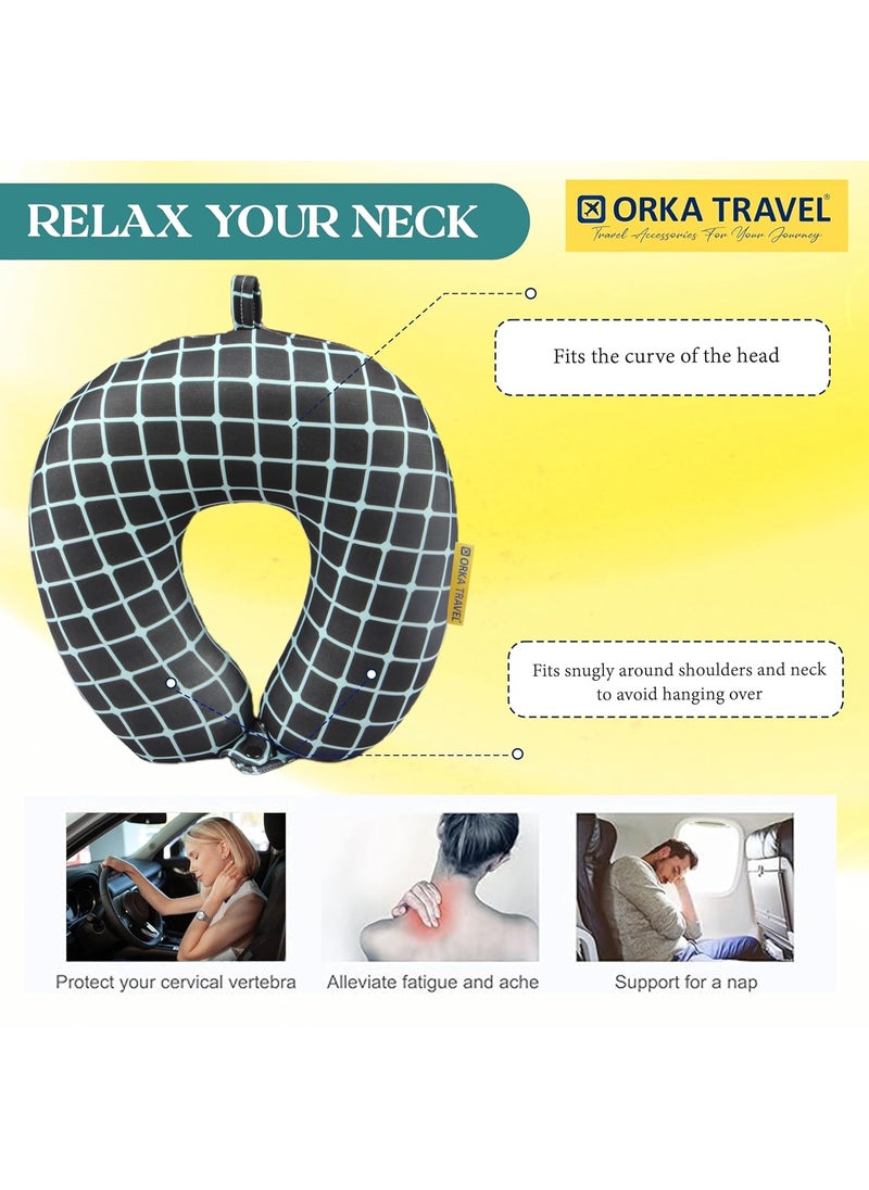 ORKA TRAVEL Memory Foam Spandex Digital Printed High Back U Neck Pillow Black Teal