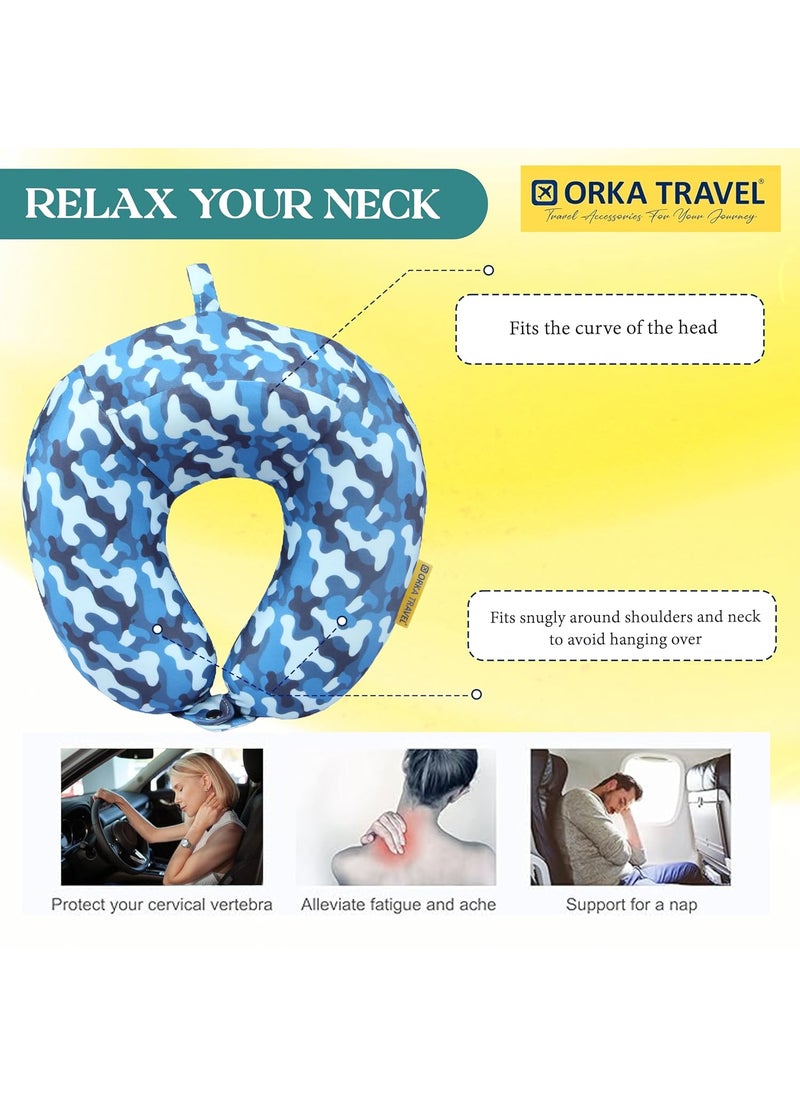 ORKA TRAVEL Memory Foam Spandex Digital Printed High Back U Neck Pillow Camo Blue