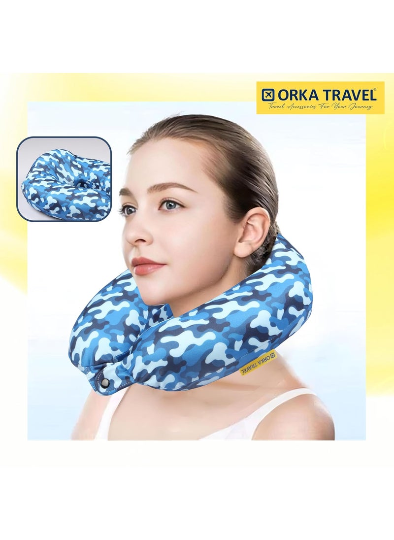 ORKA TRAVEL Memory Foam Spandex Digital Printed High Back U Neck Pillow Camo Blue