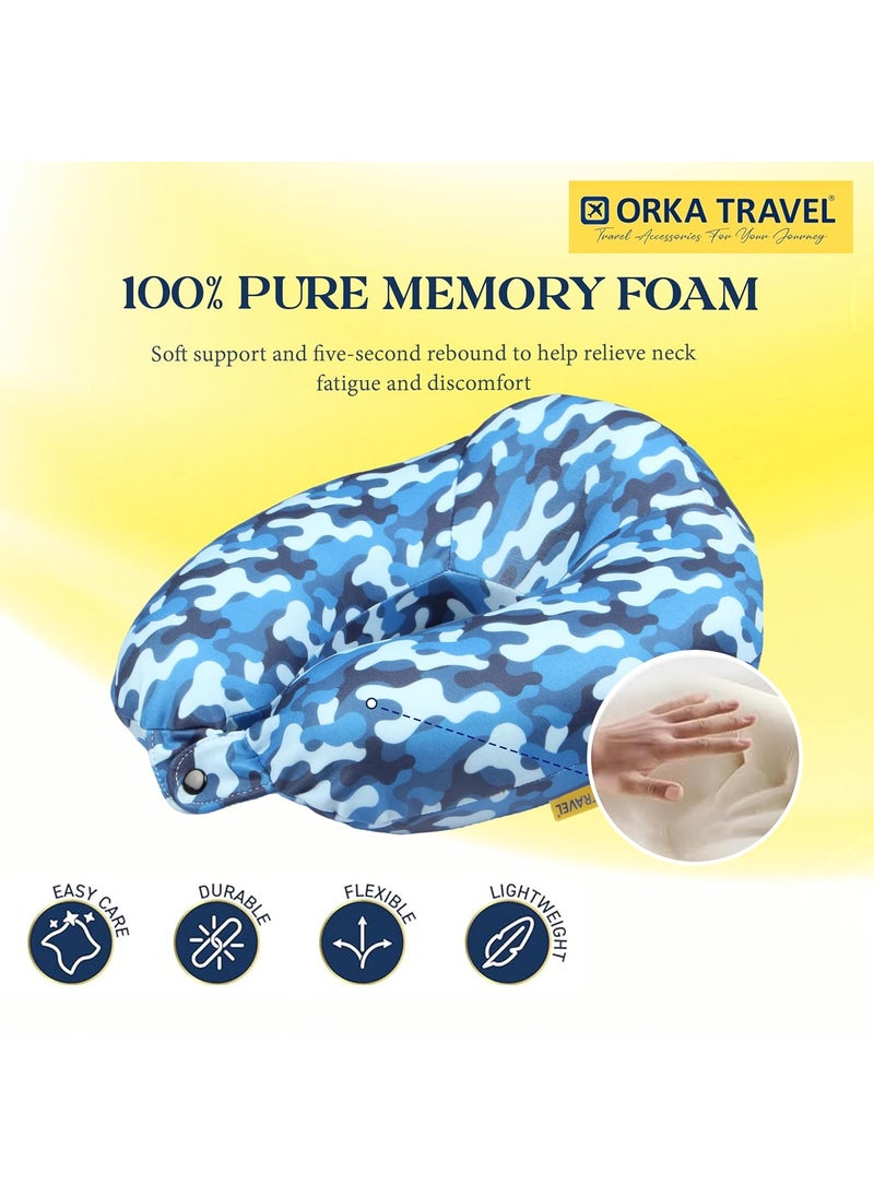 ORKA TRAVEL Memory Foam Spandex Digital Printed High Back U Neck Pillow Camo Blue