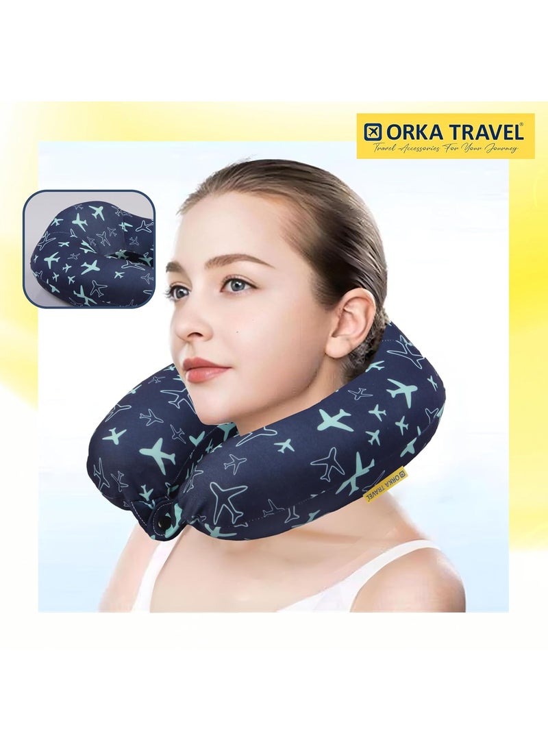 ORKA TRAVEL Memory Foam Spandex Digital Printed High Back U Neck Pillow Aeroplane