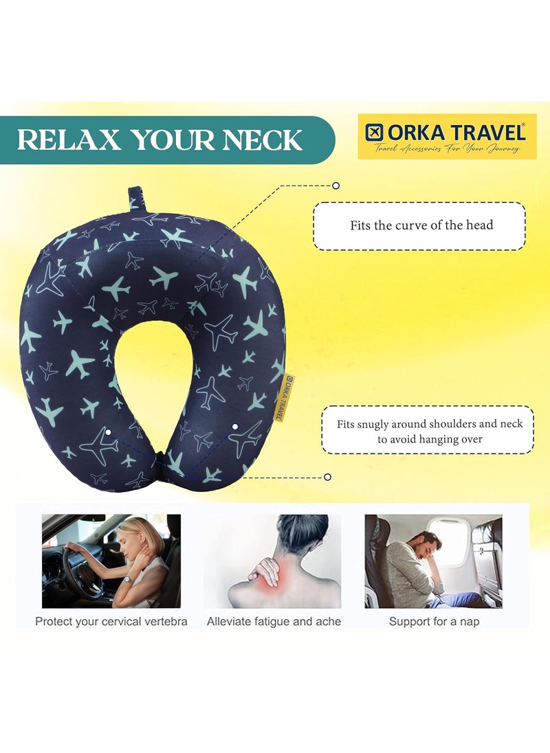ORKA TRAVEL Memory Foam Spandex Digital Printed High Back U Neck Pillow Aeroplane