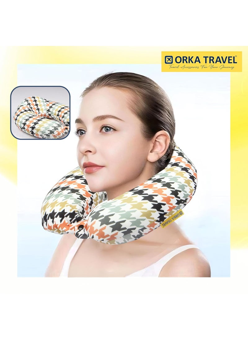 ORKA TRAVEL Memory Foam Spandex Digital Printed High Back U Neck Pillow Houndstooth