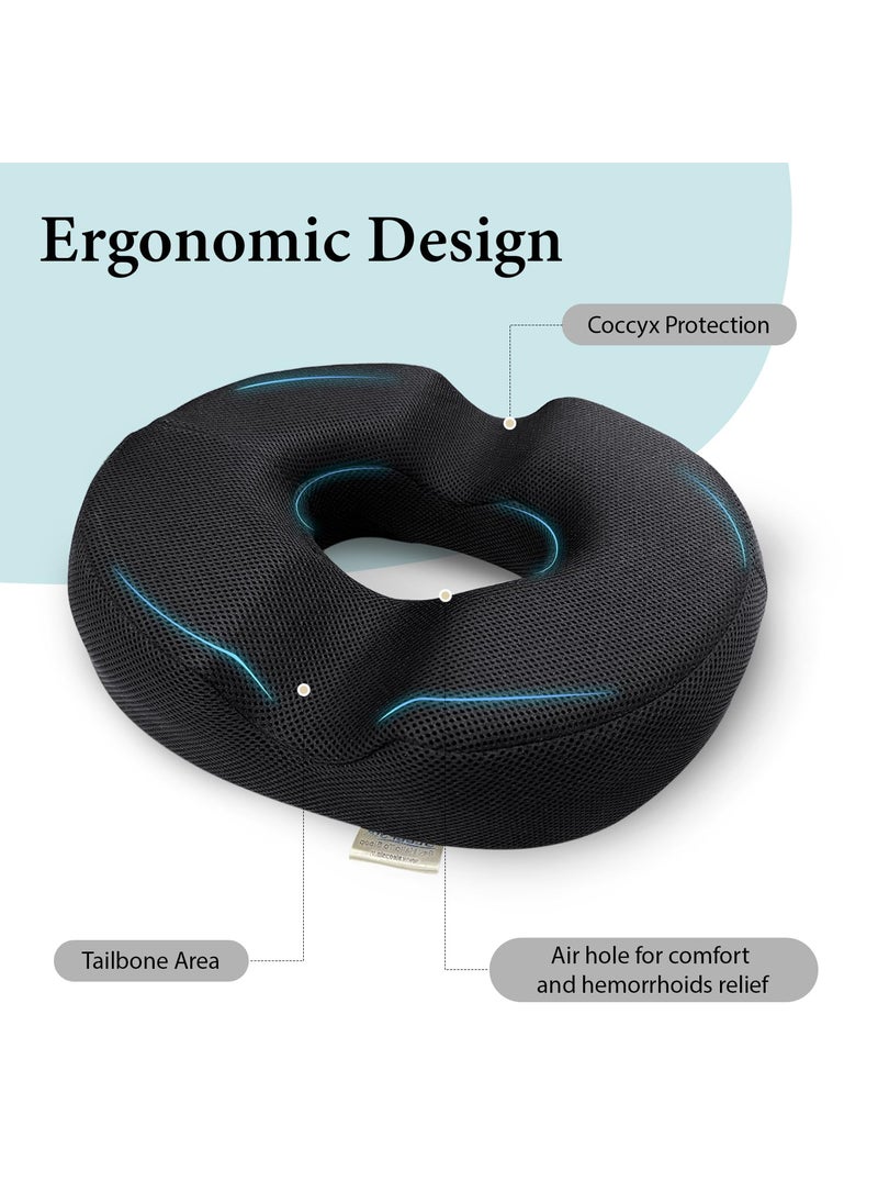 Sleepsia Cool Gel Memory Foam Donut Pillow for Tailbone Pain 1 Year Warranty Hemorrhoids Lower Back Support Orthopedic Ring Cushion for Office Chair Car Seat Piles Relief Black Memory Foam