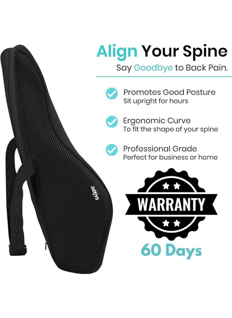 EASEFIT Orthopedic Back Brace Memory Foam Lumbar Support Backrest for Upper Middle Lower Back Pain Compatible with Car Office Chair Mesh Cover Adjustable Strap with 2 Years Warranty Black
