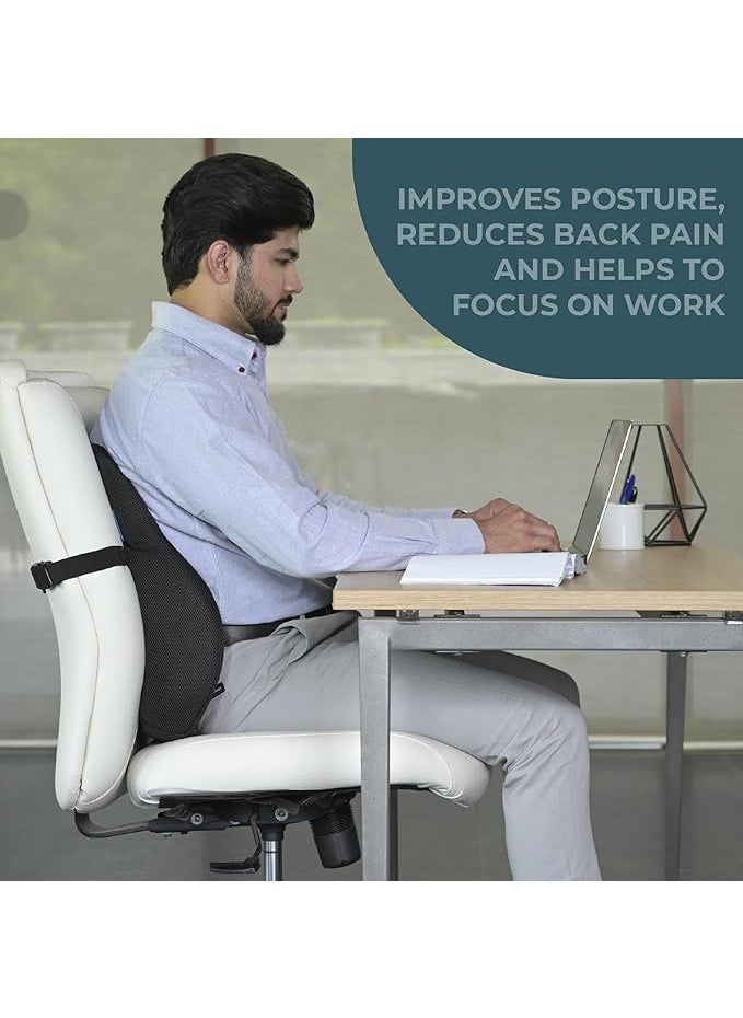 EASEFIT Orthopedic Back Brace Memory Foam Lumbar Support Backrest for Upper Middle Lower Back Pain Compatible with Car Office Chair Mesh Cover Adjustable Strap with 2 Years Warranty Black