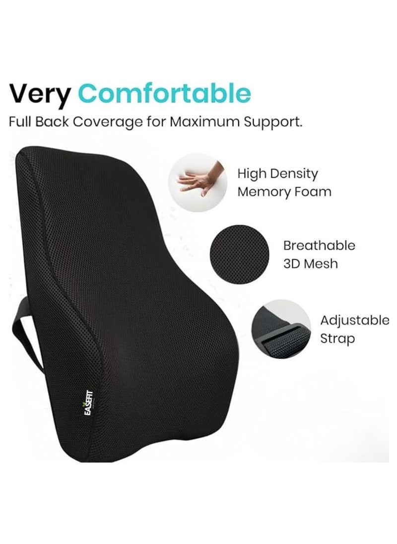 EASEFIT Orthopedic Back Brace Memory Foam Lumbar Support Backrest for Upper Middle Lower Back Pain Compatible with Car Office Chair Mesh Cover Adjustable Strap with 2 Years Warranty Black