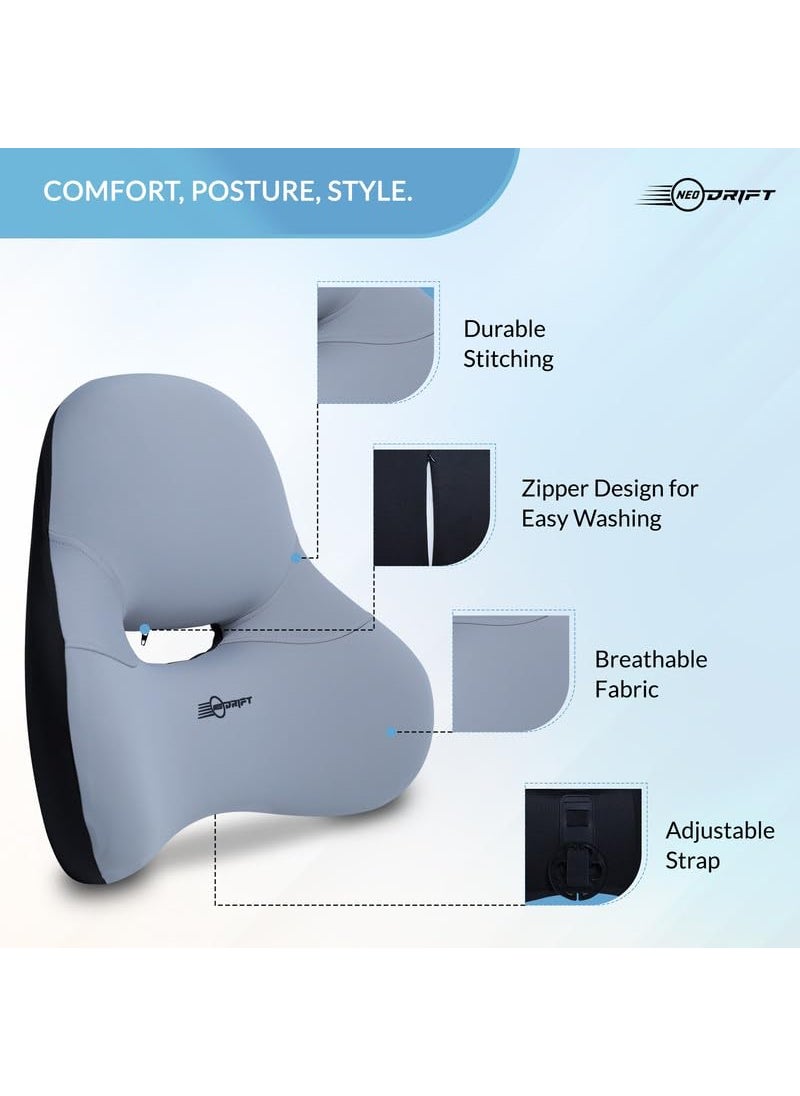 NEODRIFT OrthoFlow Pro Lumbar Backrest Cushion Orthopedic Memory Foam Pillow Support for Lower Back Pain Relief Suitable for Car Seat Office Chair Home Sofa Colour Grey