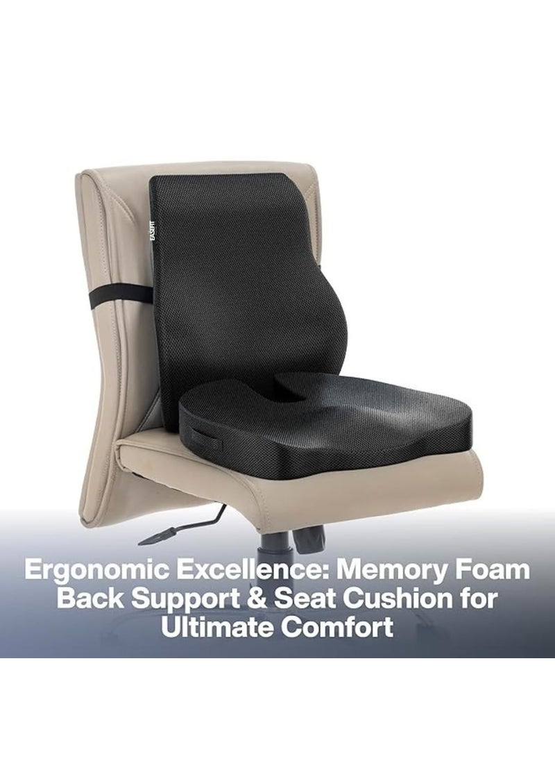 EASEFIT Orthopedic Back Brace Memory Foam Lumbar Support Backrest Long for Upper Middle and Lower Back Pain Compatible with Computer Car Office Chair Black Cushion Backrest Combo