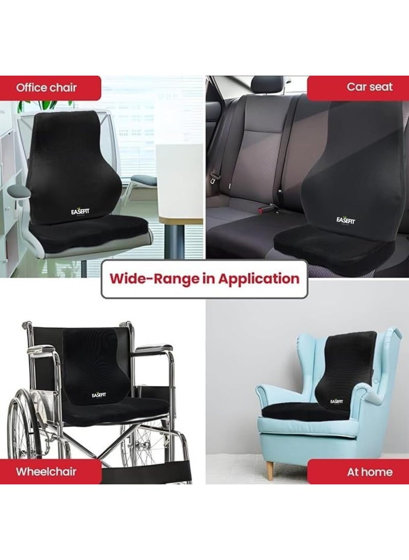 EASEFIT Orthopedic Back Brace Memory Foam Lumbar Support Backrest Long for Upper Middle and Lower Back Pain Compatible with Computer Car Office Chair Black Cushion Backrest Combo