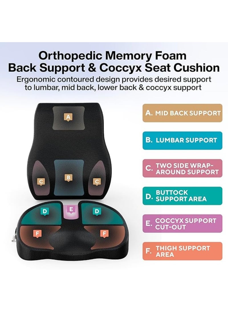 EASEFIT Orthopedic Back Brace Memory Foam Lumbar Support Backrest Long for Upper Middle and Lower Back Pain Compatible with Computer Car Office Chair Black Cushion Backrest Combo