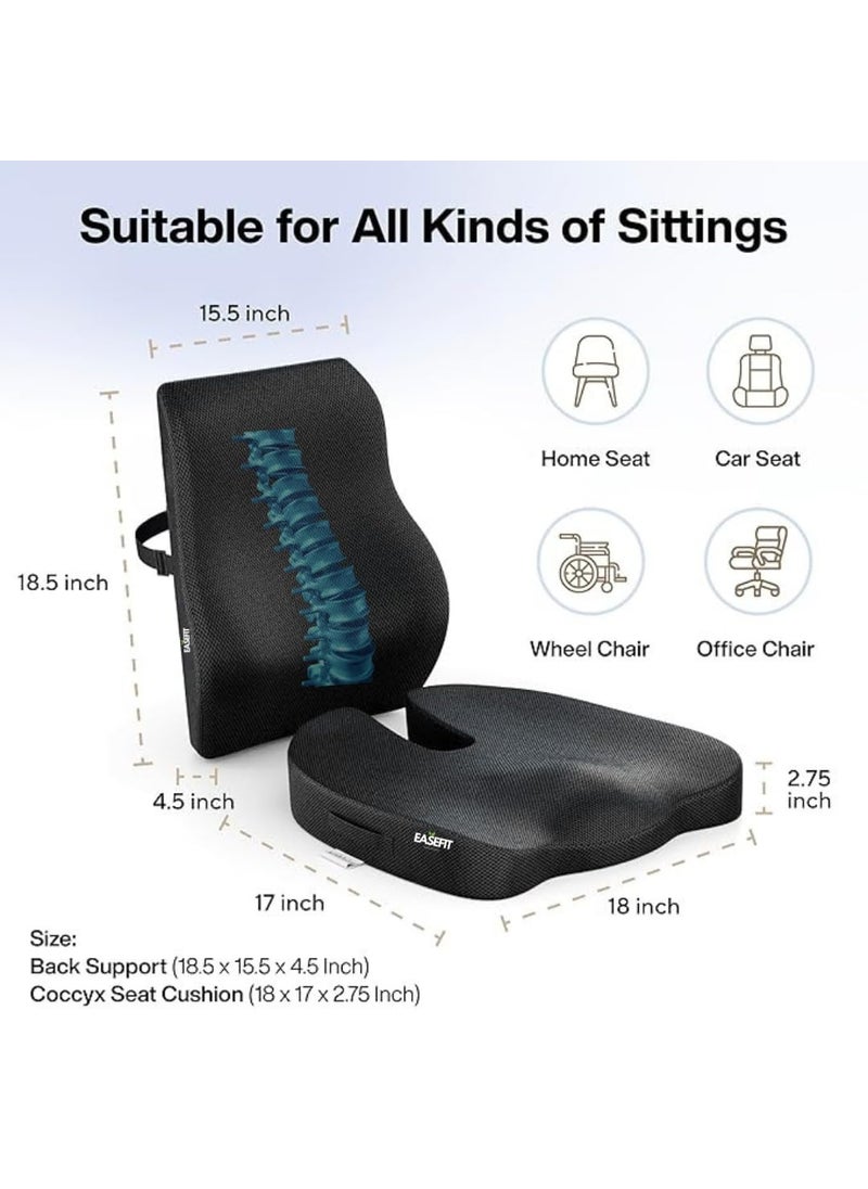 EASEFIT Orthopedic Back Brace Memory Foam Lumbar Support Backrest Long for Upper Middle and Lower Back Pain Compatible with Computer Car Office Chair Black Cushion Backrest Combo