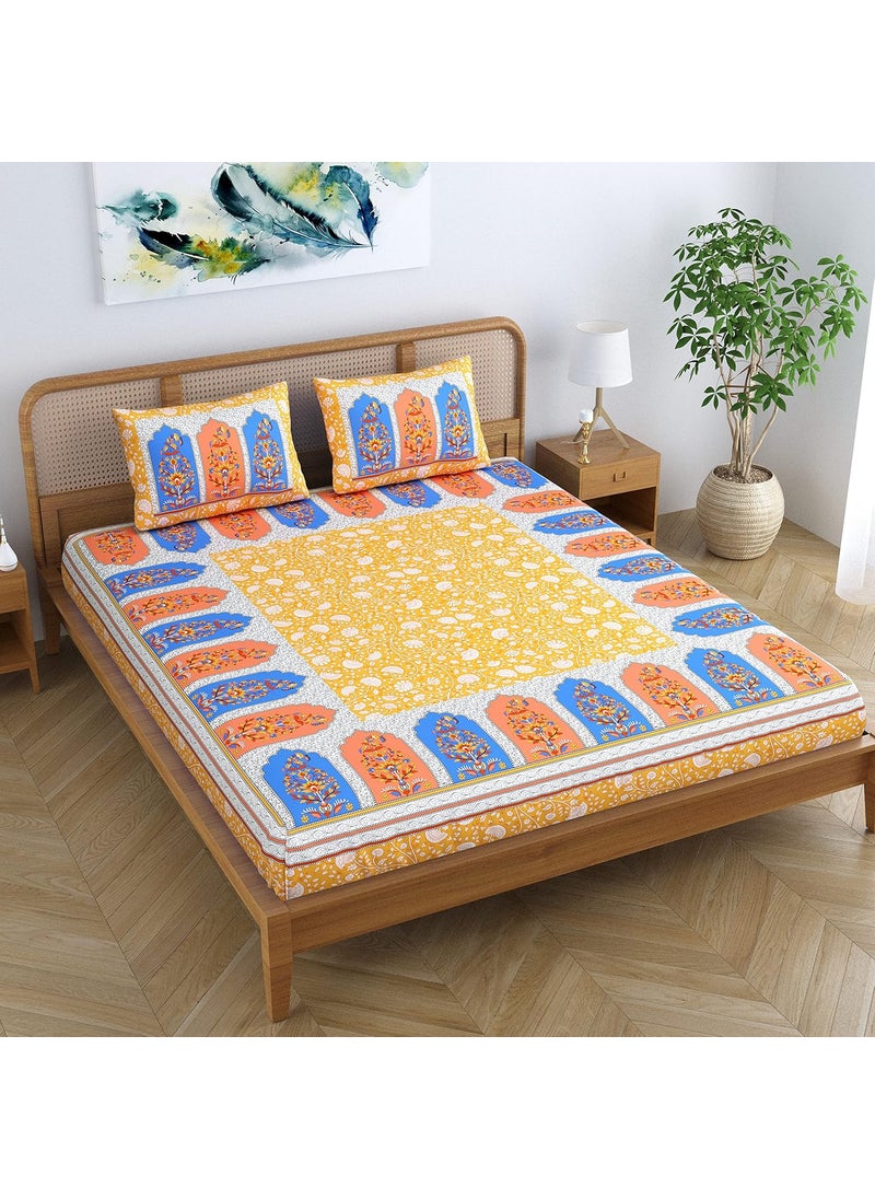 Colorish Cotton Blend Pristine Floral Printed Jaipuri Bedsheet for Double Bed King Size with 2 Pillow Covers Sunkissed Yellow