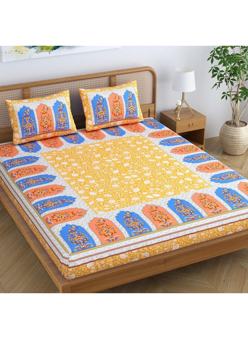 Colorish Cotton Blend Pristine Floral Printed Jaipuri Bedsheet for Double Bed King Size with 2 Pillow Covers Sunkissed Yellow