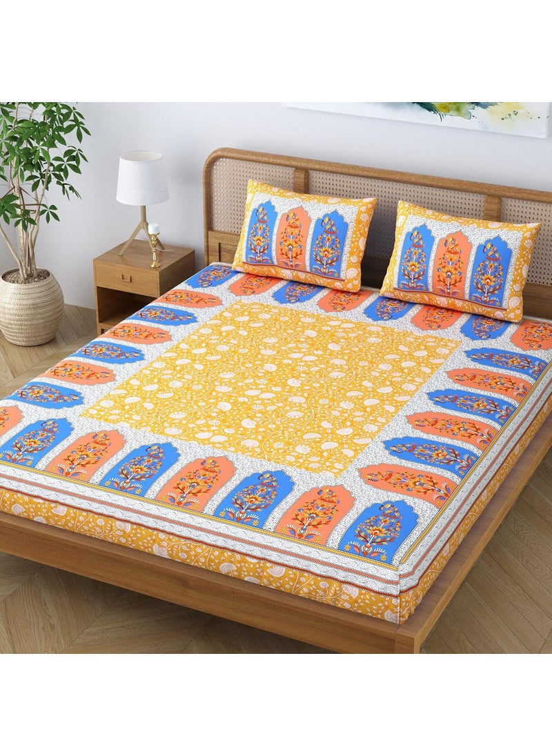 Colorish Cotton Blend Pristine Floral Printed Jaipuri Bedsheet for Double Bed King Size with 2 Pillow Covers Sunkissed Yellow