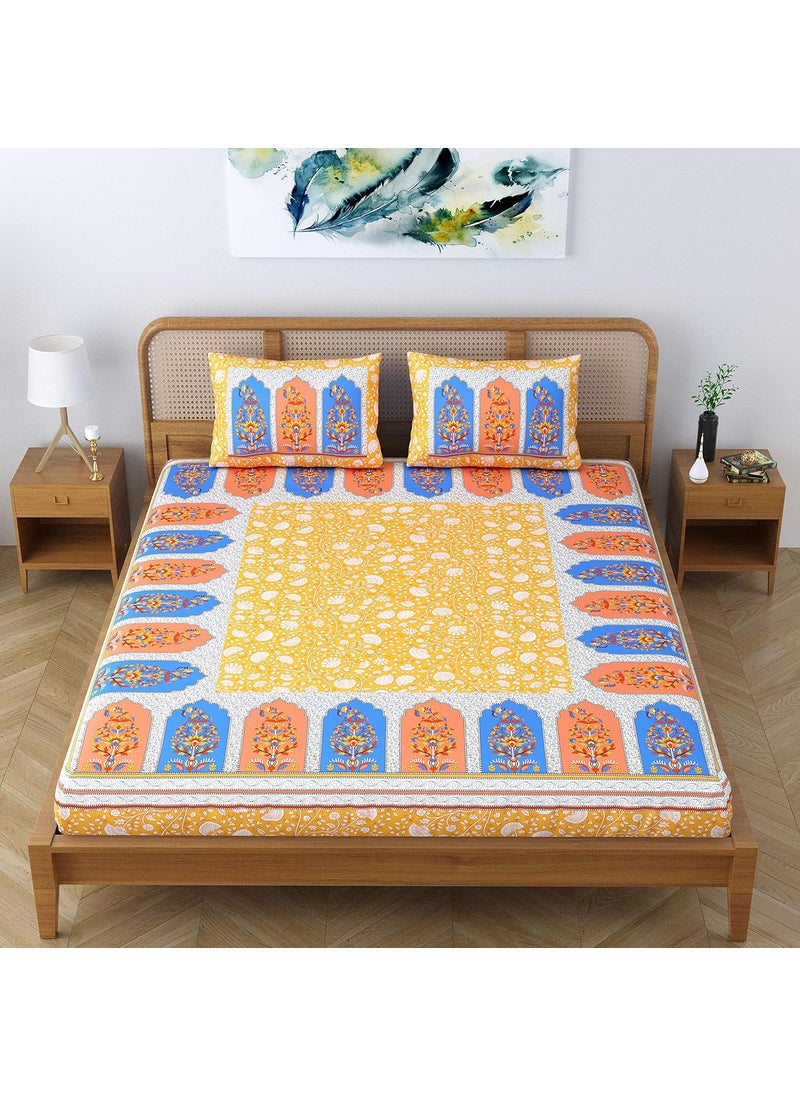 Colorish Cotton Blend Pristine Floral Printed Jaipuri Bedsheet for Double Bed King Size with 2 Pillow Covers Sunkissed Yellow