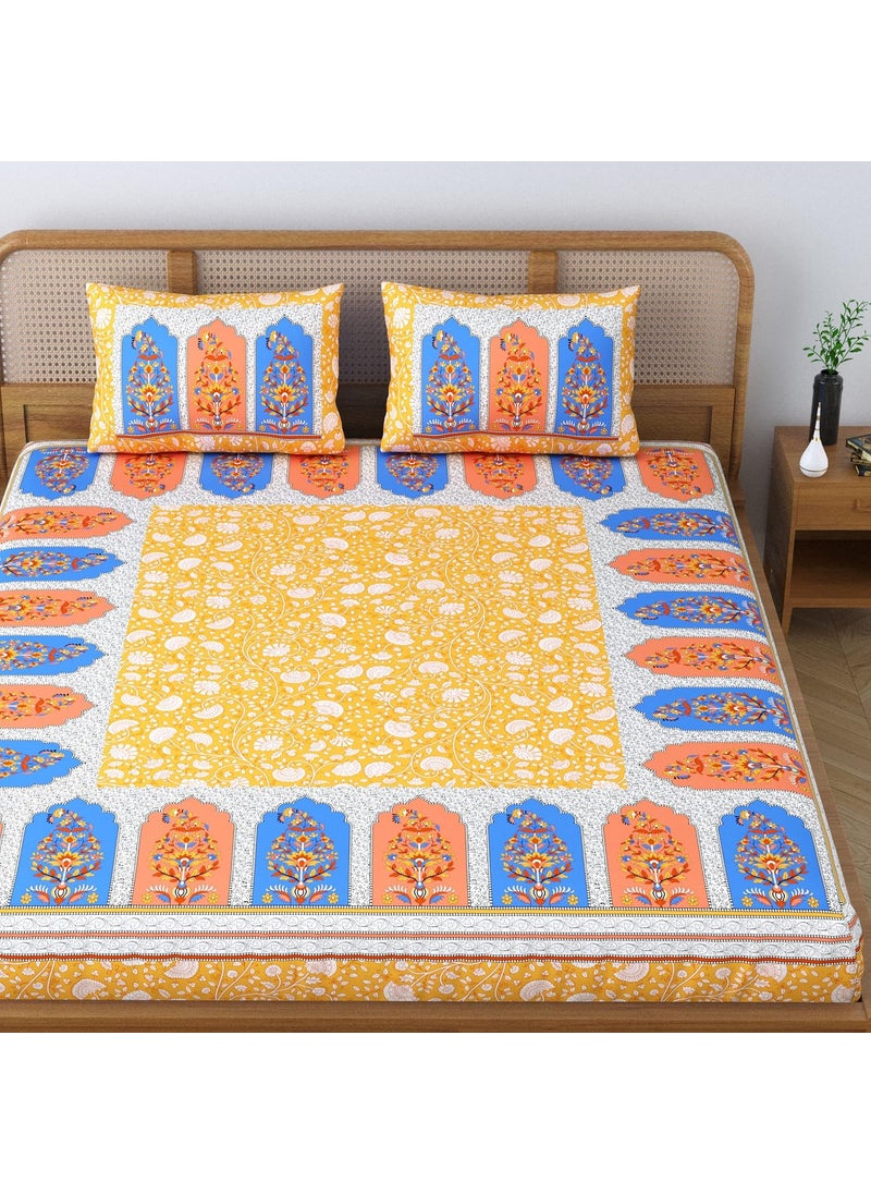 Colorish Cotton Blend Pristine Floral Printed Jaipuri Bedsheet for Double Bed King Size with 2 Pillow Covers Sunkissed Yellow