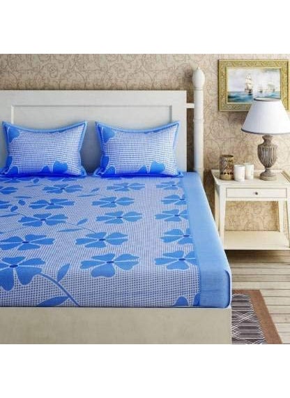 Delight Zone Prime Collection 144 TC 3D Printed Poly Cotton Double Bedsheet with 2 Pillow Covers Multicolour 90 x 90 Inch Blue Flowers