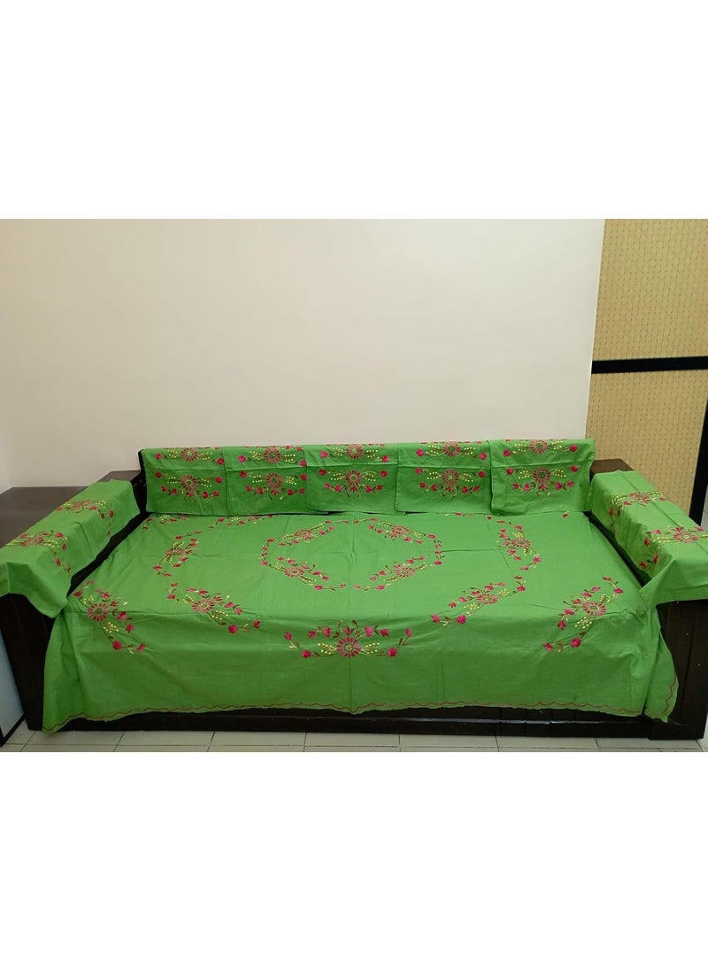 Global Trends India Nice Things Cotton Embroidered Diwan Set with 5 Cushion Covers and 2 Bolster Covers One Single Bedsheet Pack of 8 Green Color 01