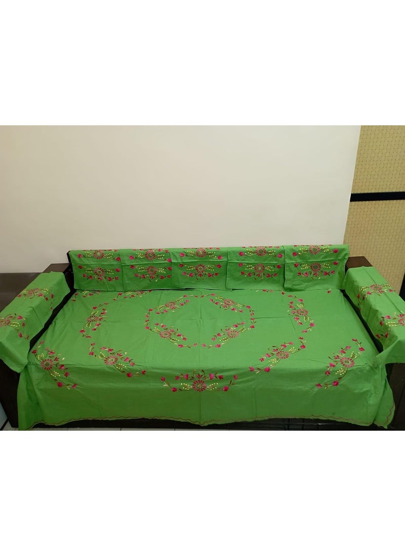 Global Trends India Nice Things Cotton Embroidered Diwan Set with 5 Cushion Covers and 2 Bolster Covers One Single Bedsheet Pack of 8 Green Color 01