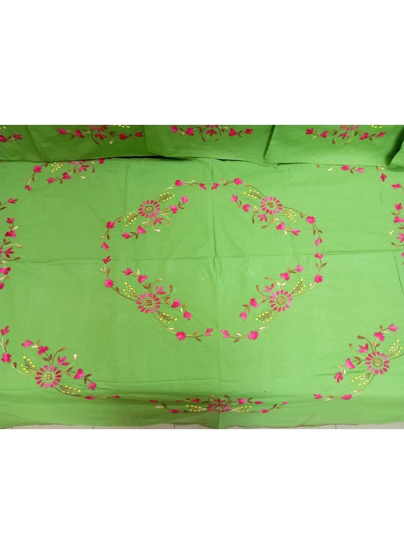 Global Trends India Nice Things Cotton Embroidered Diwan Set with 5 Cushion Covers and 2 Bolster Covers One Single Bedsheet Pack of 8 Green Color 01