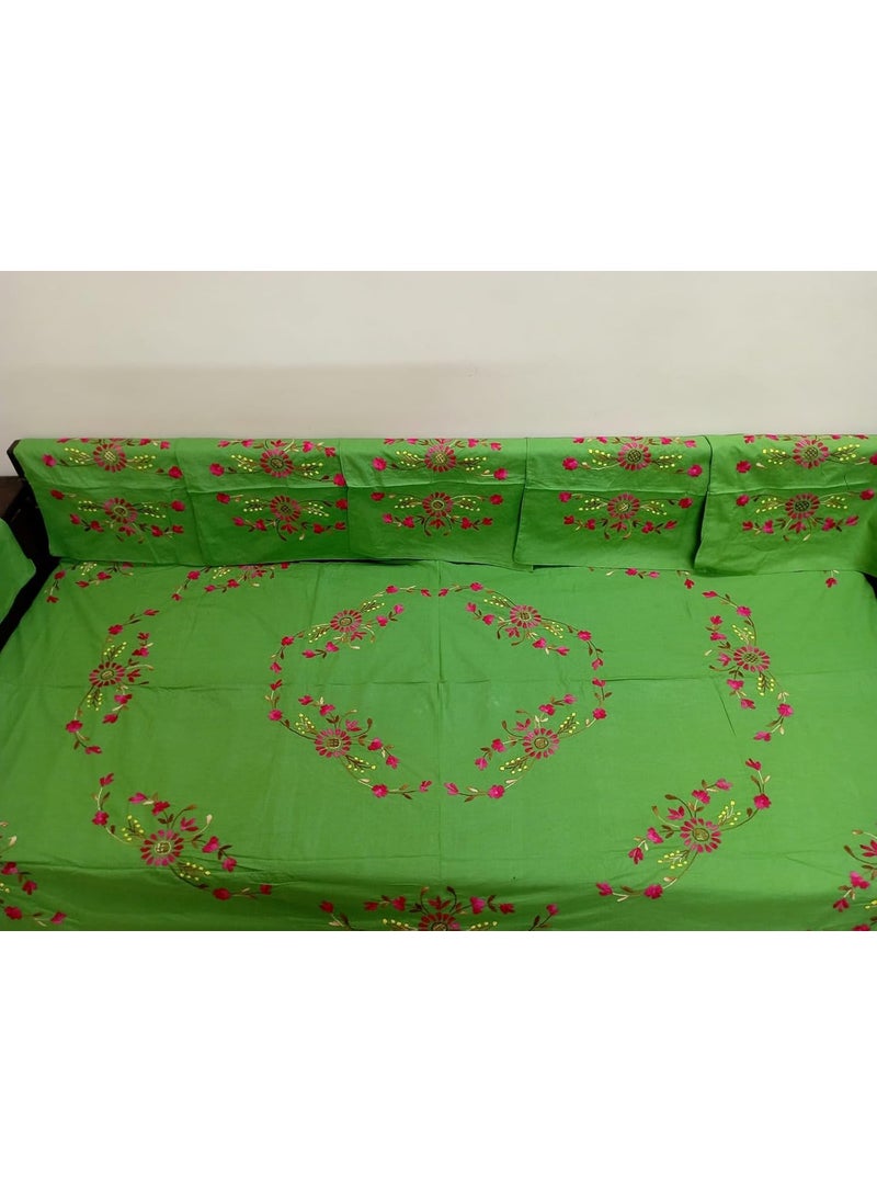 Global Trends India Nice Things Cotton Embroidered Diwan Set with 5 Cushion Covers and 2 Bolster Covers One Single Bedsheet Pack of 8 Green Color 01