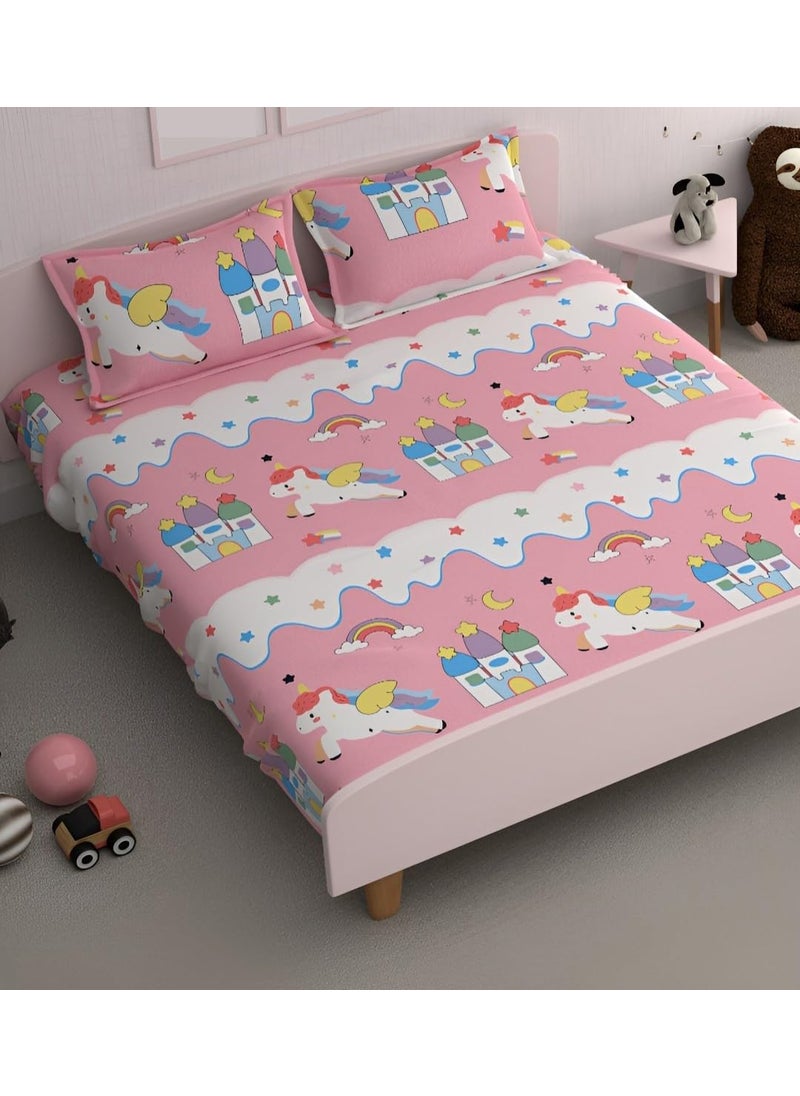 DECOMIZER Glace Cotton Wrinkle Free Soft Hypoallergenic 300 TC Bed Sheet Cartoon Printed Double Bedsheets King Size For Kids With 2 Pillow Cover 90X90 InchesPink Unicorn