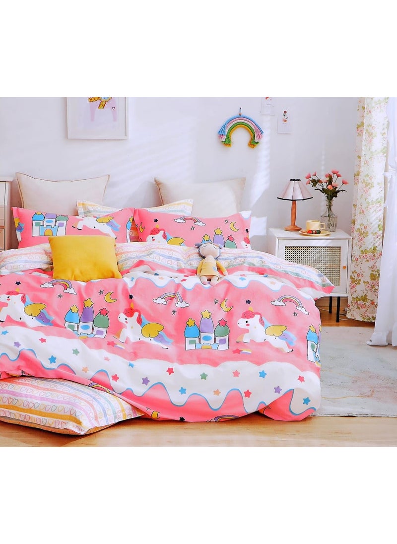 DECOMIZER Glace Cotton Wrinkle Free Soft Hypoallergenic 300 TC Bed Sheet Cartoon Printed Double Bedsheets King Size For Kids With 2 Pillow Cover 90X90 InchesPink Unicorn