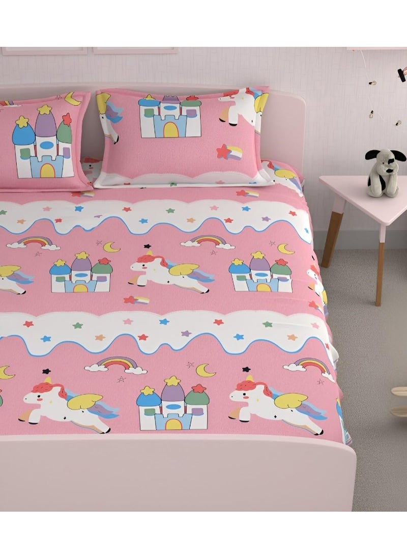 DECOMIZER Glace Cotton Wrinkle Free Soft Hypoallergenic 300 TC Bed Sheet Cartoon Printed Double Bedsheets King Size For Kids With 2 Pillow Cover 90X90 InchesPink Unicorn