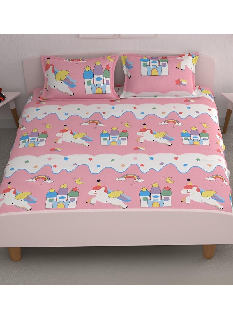 DECOMIZER Glace Cotton Wrinkle Free Soft Hypoallergenic 300 TC Bed Sheet Cartoon Printed Double Bedsheets King Size For Kids With 2 Pillow Cover 90X90 InchesPink Unicorn