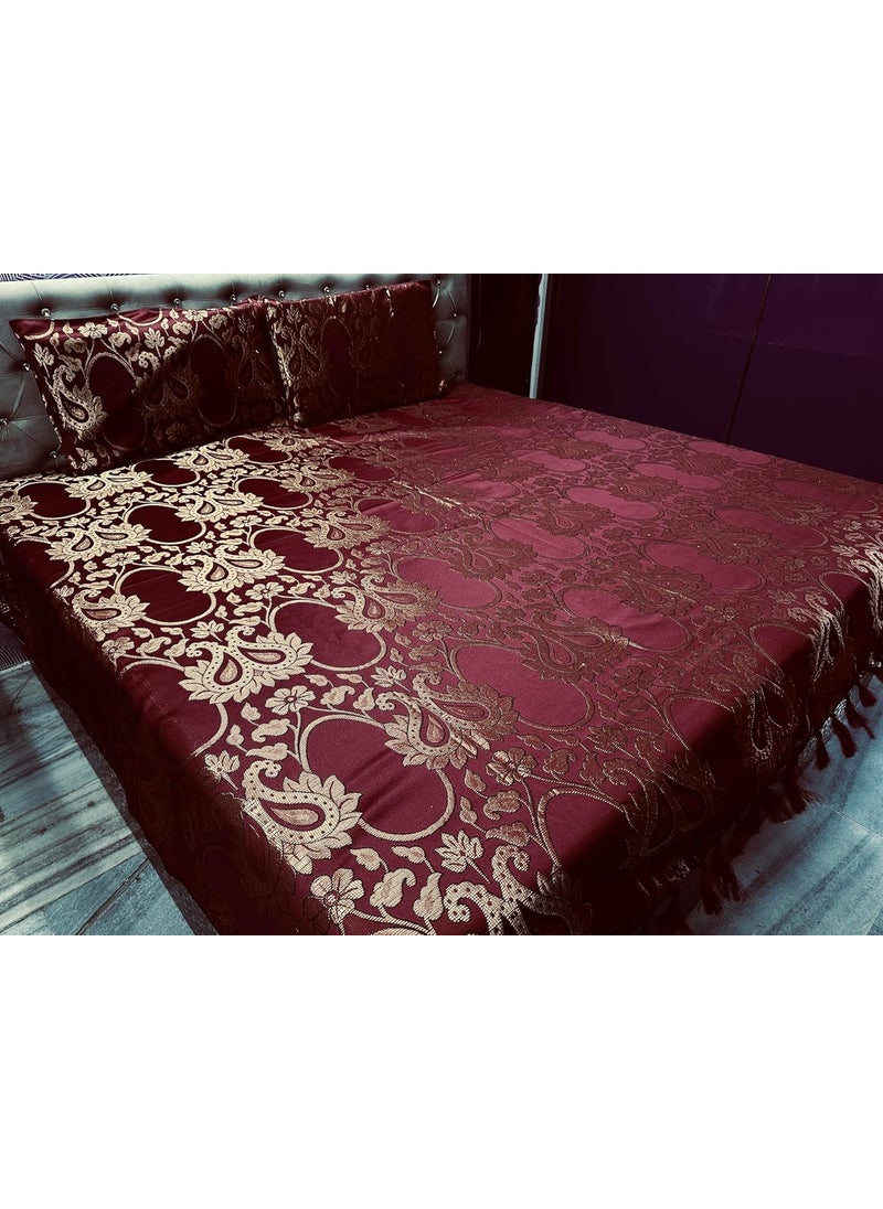 Gurukirpa Traders Cotton Silk 210 TC Embossed Embroidery King Size Bedsheet with 2 Pillow Covers Red Maroon Gold Multicolor Fusion II