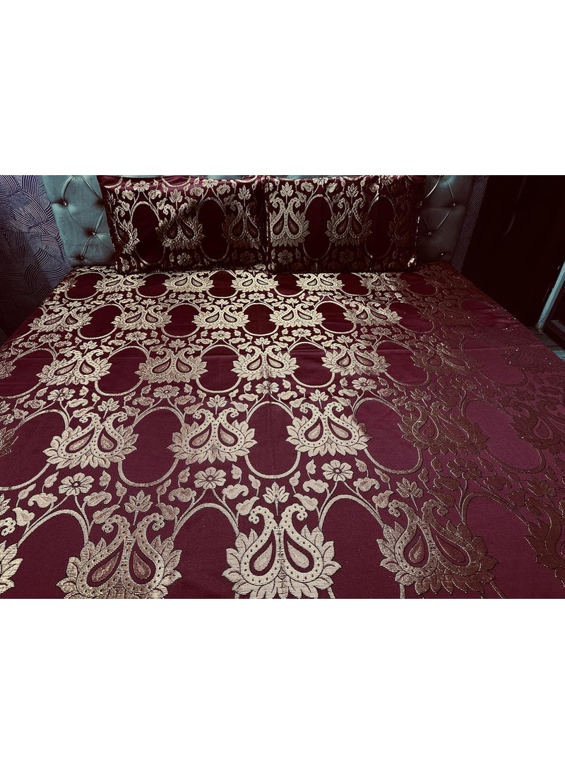 Gurukirpa Traders Cotton Silk 210 TC Embossed Embroidery King Size Bedsheet with 2 Pillow Covers Red Maroon Gold Multicolor Fusion II