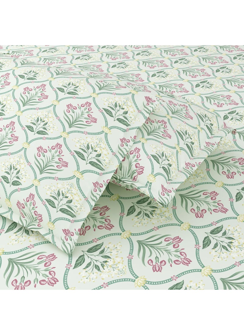 Haus Kinder Double Size Bedsheets for Bed 186 TC 100 Cotton Bed Sheet for Queen Size Bed with 2 Pillow Covers Bedsheet with Green Blossom Design