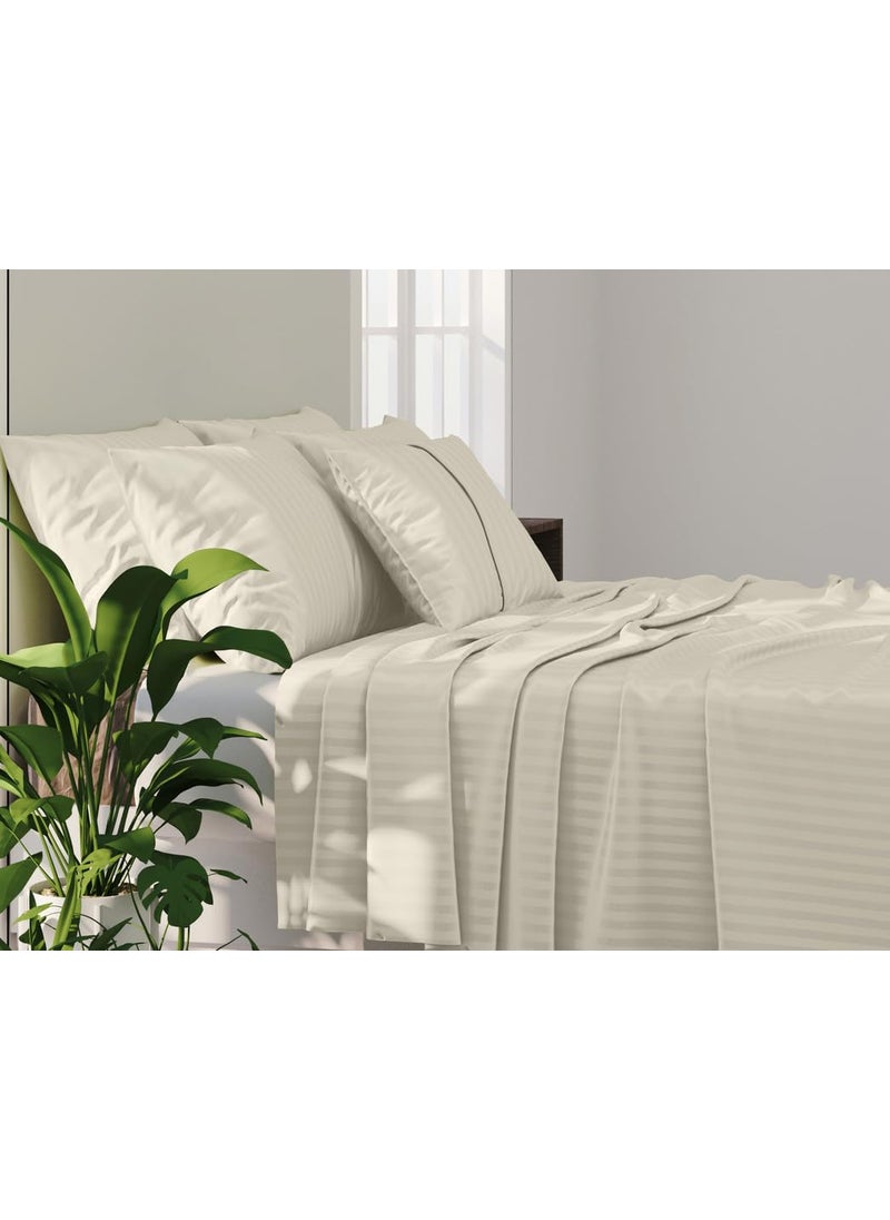 LABHAM 210 TC 100 Cotton Satin Stripe Flat King Size 108x108 Bedsheet with 2 Pillow Covers 17x27 Self Stripes Jaquard Bedsheet Set Cream