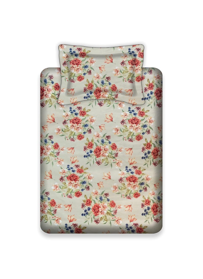 LABHAM Crystal 140Gsm Glace Cotton Floral Abstract Print Super Soft Single Bed Bedsheet 60 x 90 with 1 Pillow Cover Beige Red BlueCRSB05