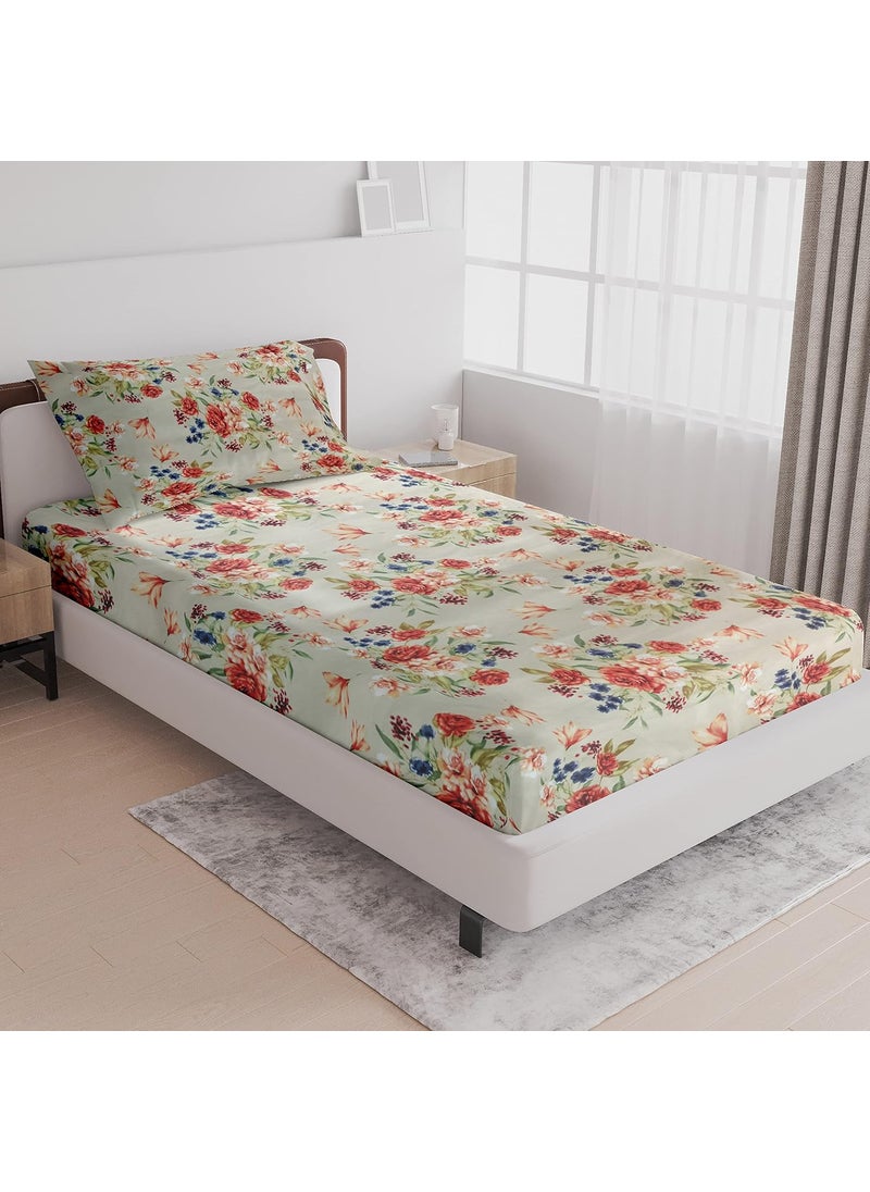 LABHAM Crystal 140Gsm Glace Cotton Floral Abstract Print Super Soft Single Bed Bedsheet 60 x 90 with 1 Pillow Cover Beige Red BlueCRSB05