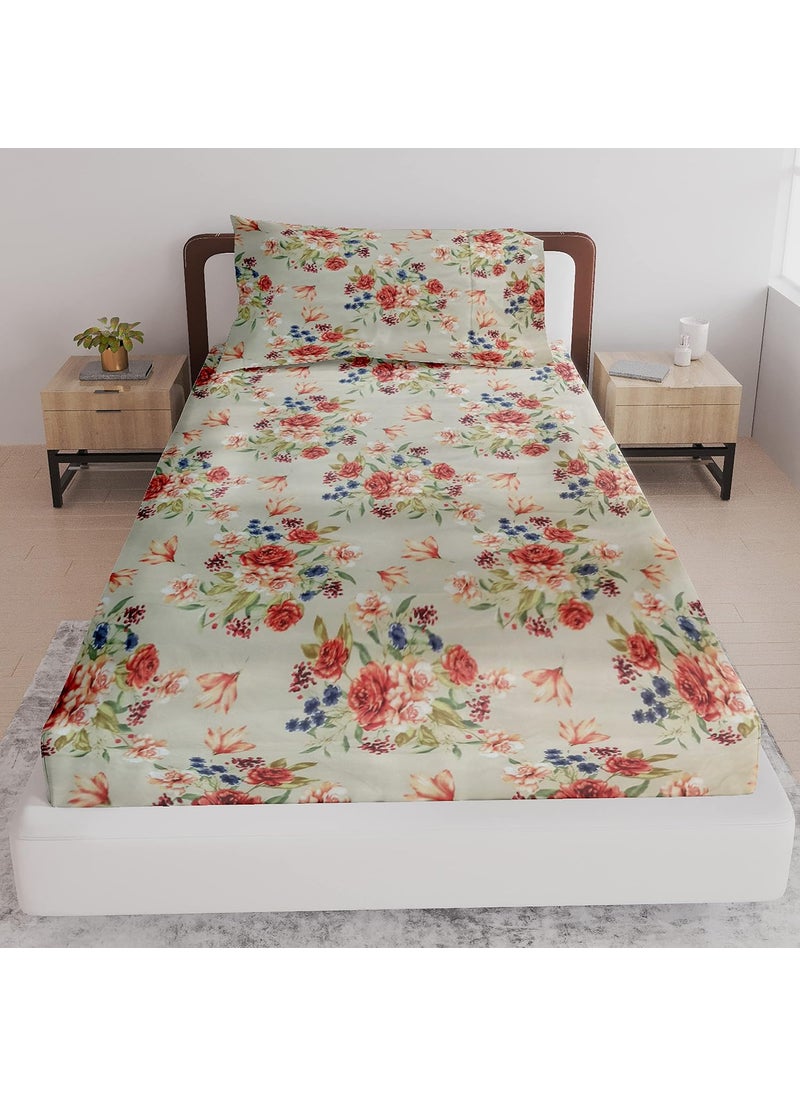 LABHAM Crystal 140Gsm Glace Cotton Floral Abstract Print Super Soft Single Bed Bedsheet 60 x 90 with 1 Pillow Cover Beige Red BlueCRSB05